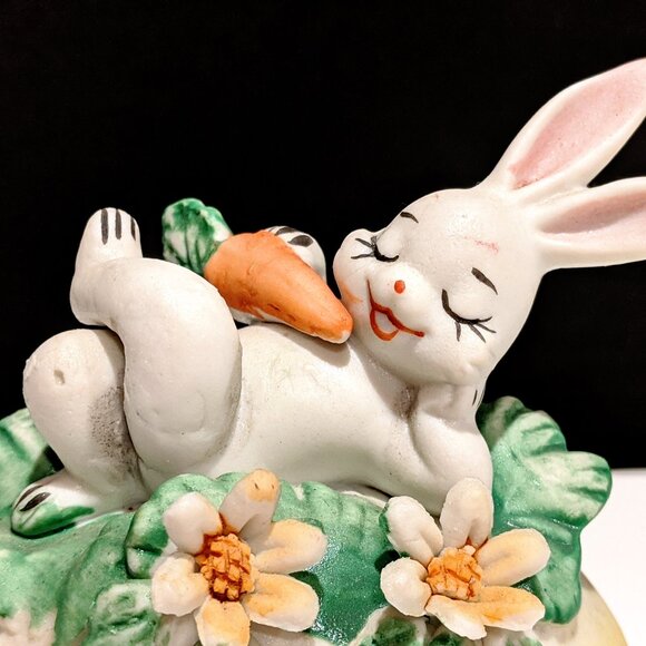 Lefton Ceramic Bunny in Flowers Trinket Box - Picture 2 of 7